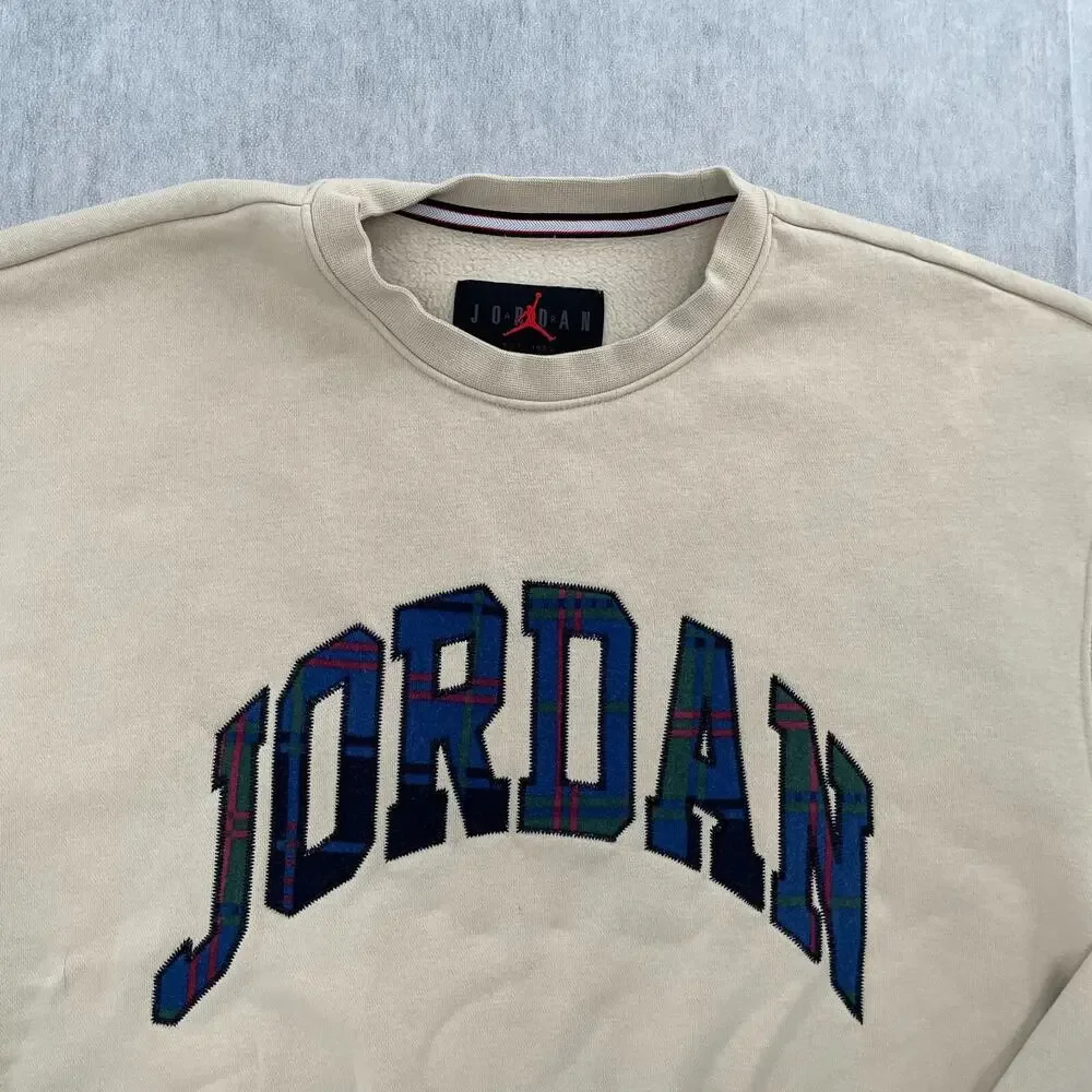 Nike Jordan Sweater Adult Medium Brown Crew Neck Plaid Spell Out Pullover Mens M